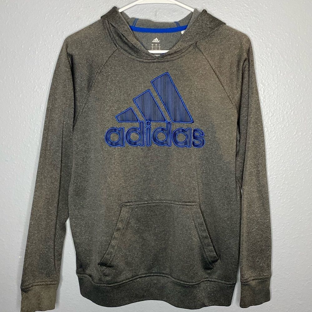 Adidas Gray and Blue Hooded Kangaroo Pouch Hoodie Size Small